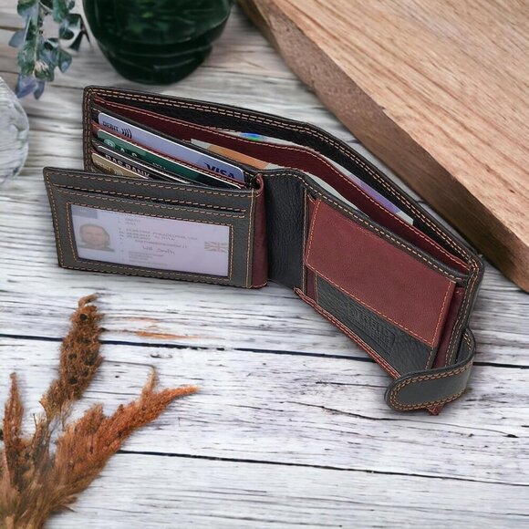 MORUCHA Mens RFID Blocking Real Soft Leather Passcase Wallet Box M75 Black/Brown - Picture 4 of 8